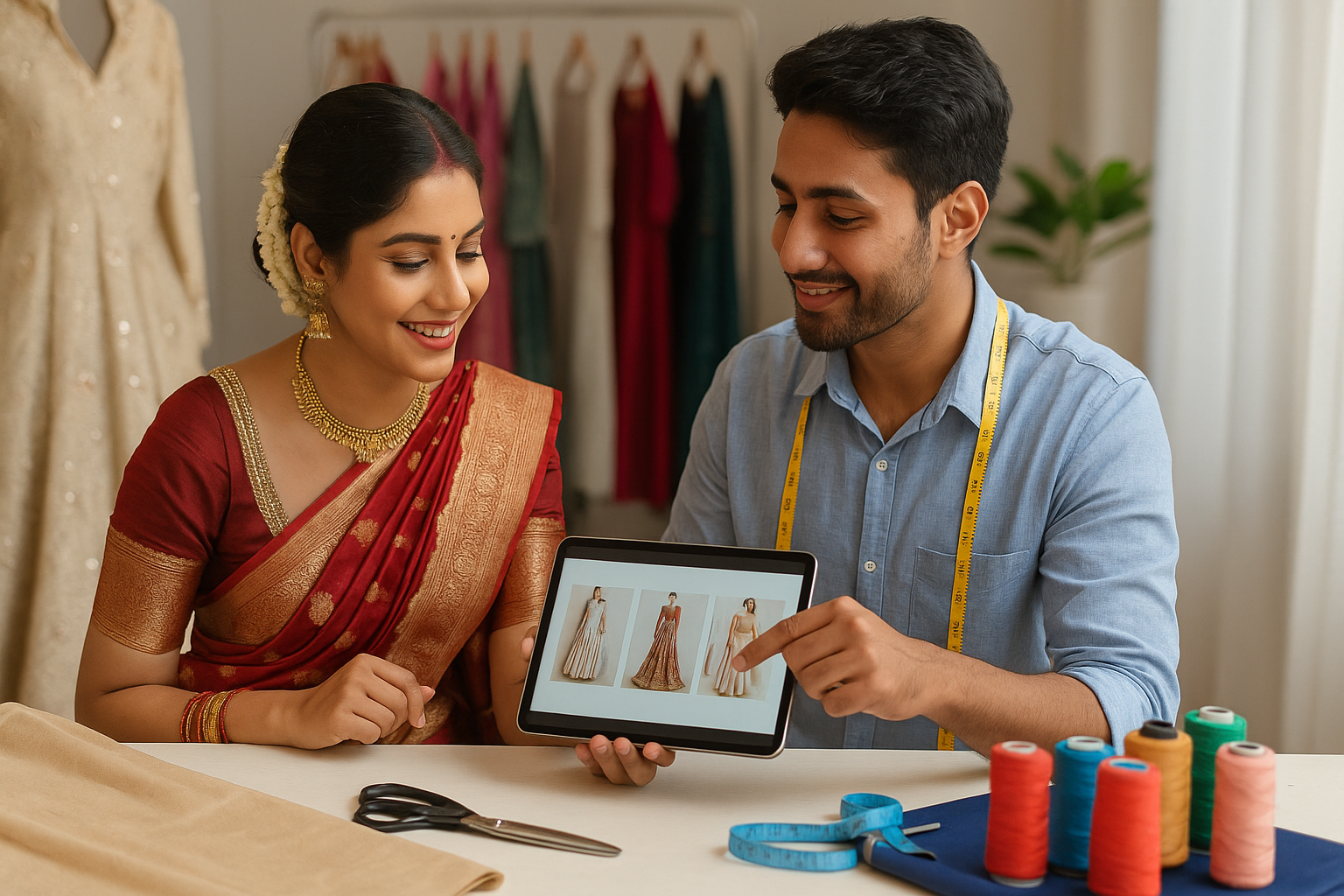 An Indian bride reviewing her wedding lehenga with a tailor using a tablet in a bright studio — Darzi tailoring app for brides