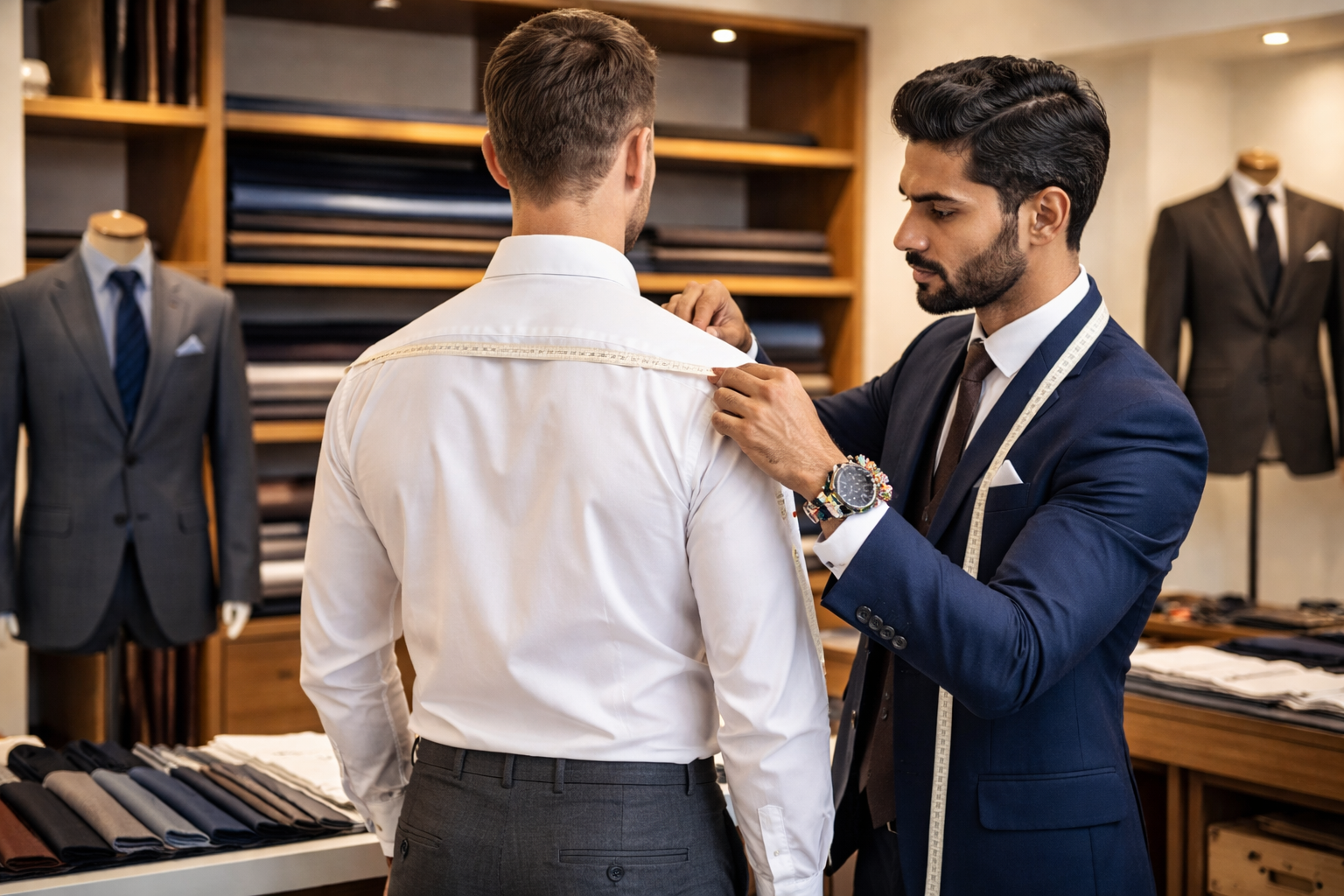 Professional menswear tailor measuring client for custom suit fitting.