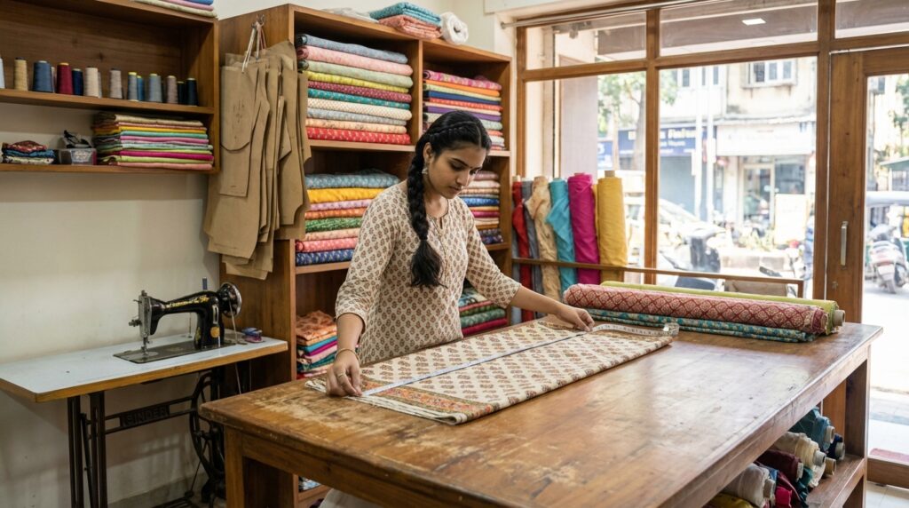 salwar stitching charges India tailoring shop workspace with female tailor