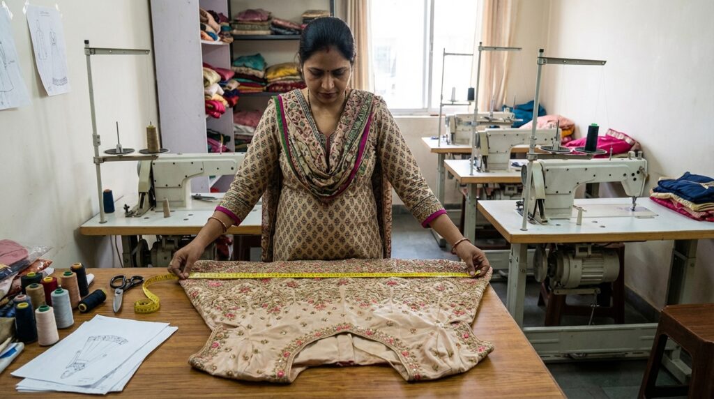 lehenga stitching near me Hyderabad tailoring workspace