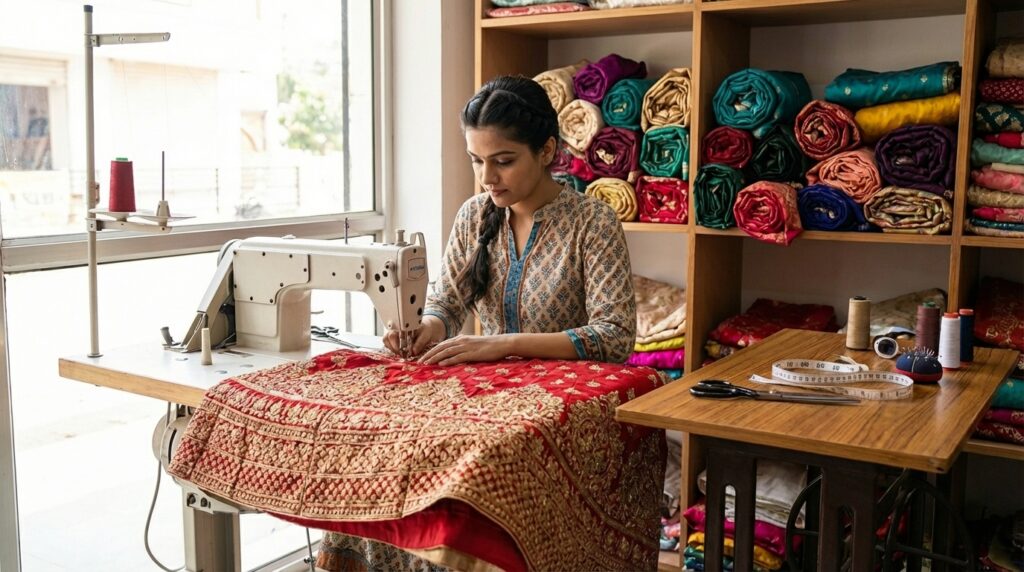 designer lehenga stitching Hyderabad embroidery process