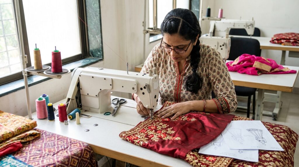 lehenga stitching price Hyderabad tailoring shop workspace