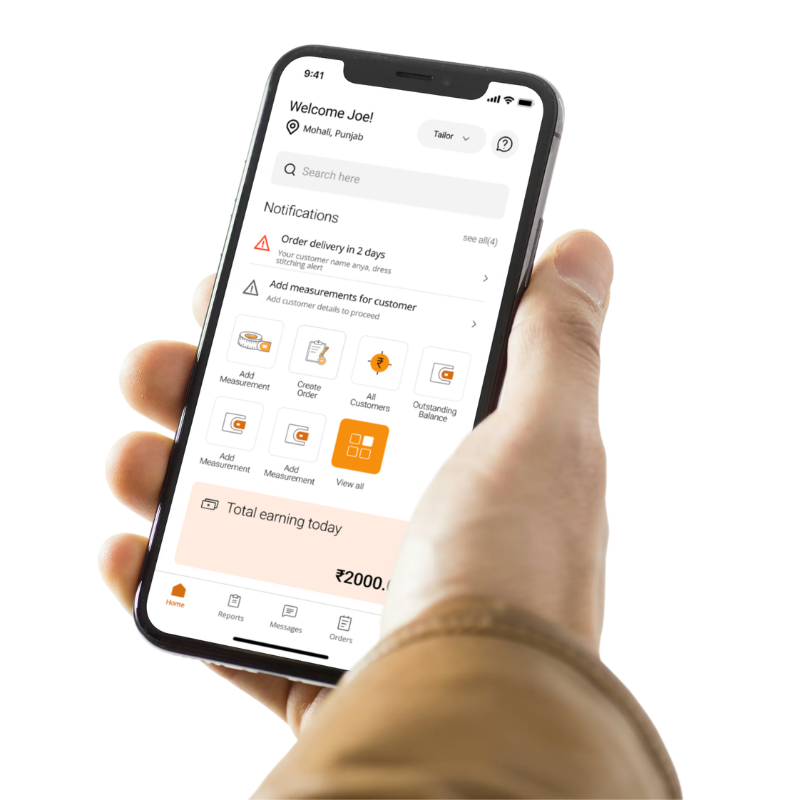 Tailor homepage mockup  of hand in mobile 