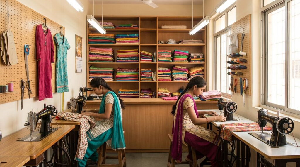 salwar suit stitching cost in India tailoring workspace with multiple machines