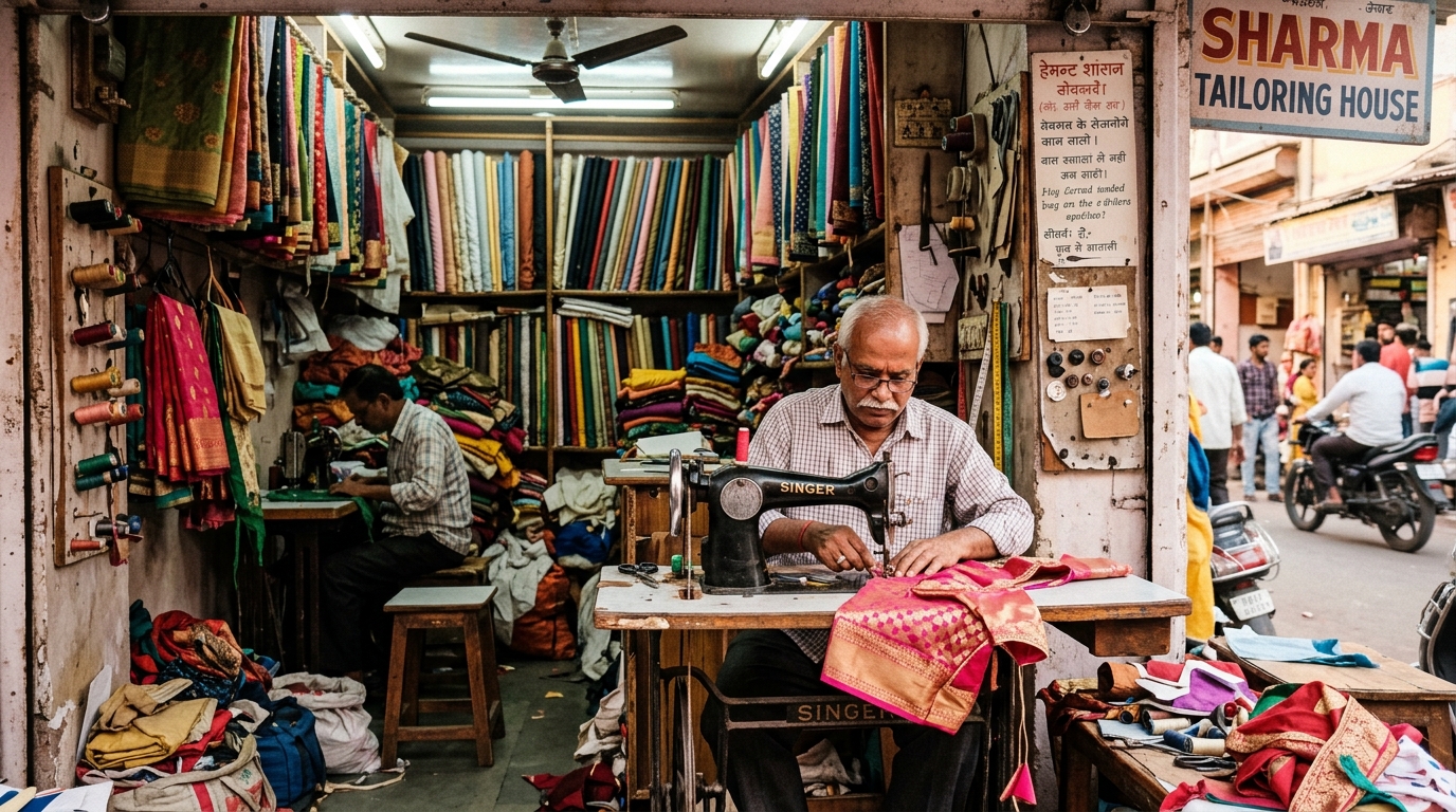 tailor near me search result showing a traditional local tailor shop in India for stitching services