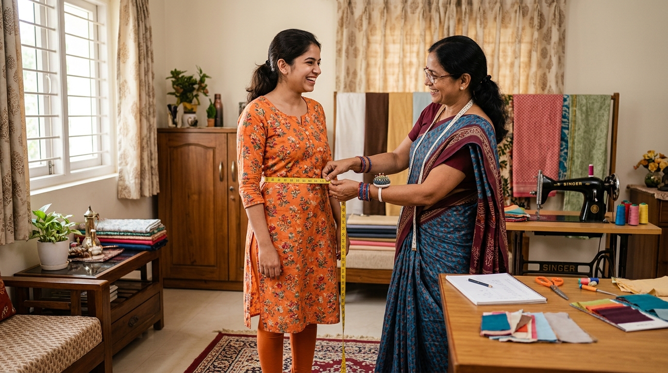 doorstep tailoring services in India showing home measurement process for custom tailoring online